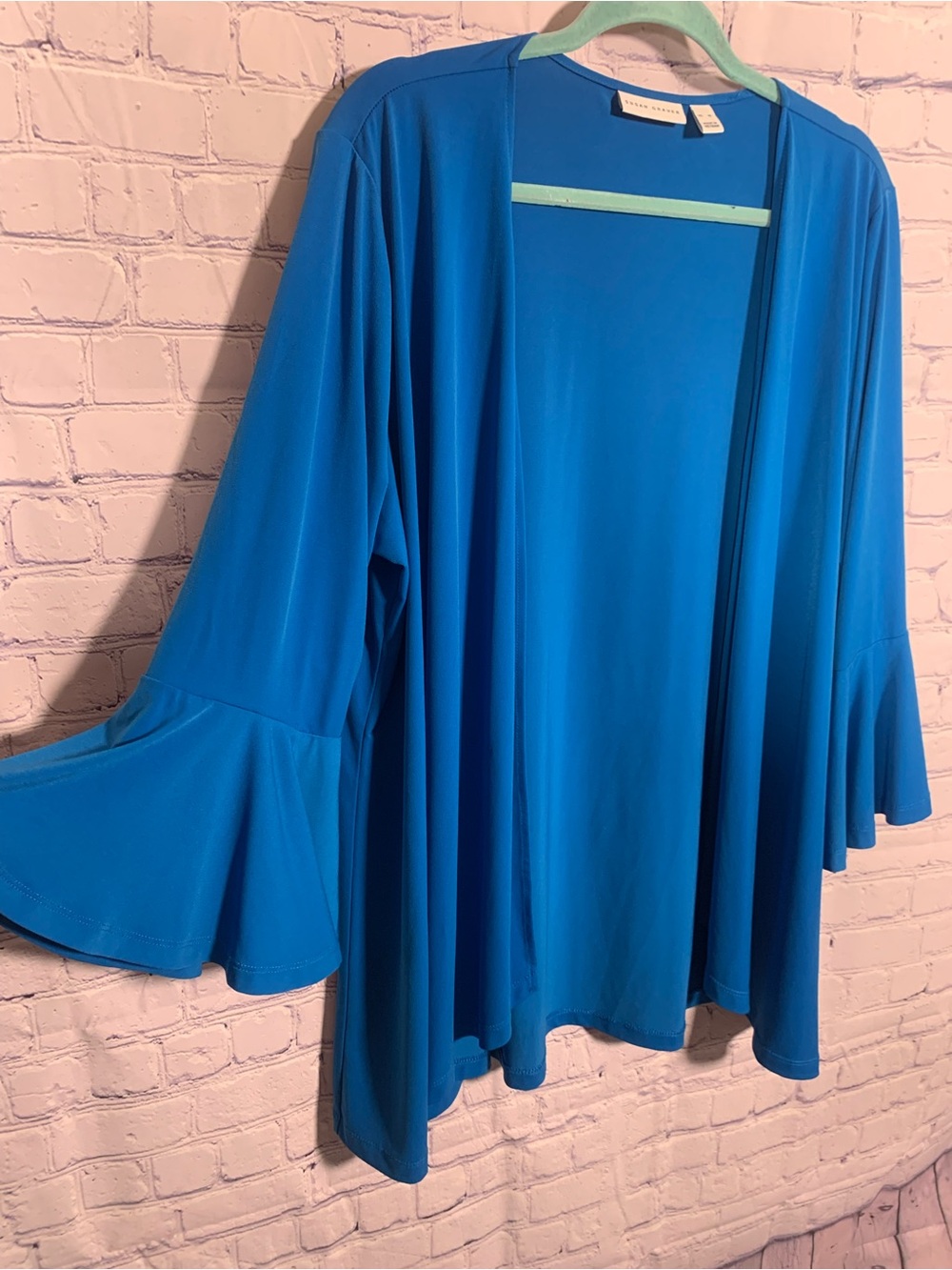 Susan Graver Women Liquid Knit Bell Sleeve Open Front Cardigan Blue XL Old Money